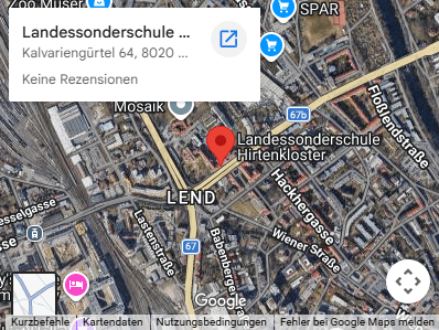 Screenshot von Google Maps mit der Landesschule Hirtenkloster und umliegenden Straßen.